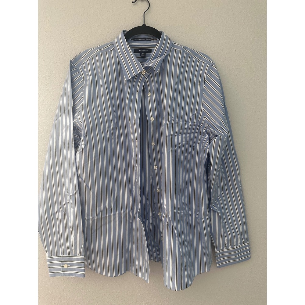 Lands End Womens 18 Blue White Striped No Iron Pinpoint Oxford Button Down Shirt
